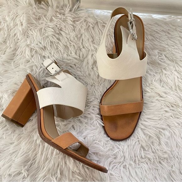 VIA SPIGA White Tan Colorblock‎ Leather Ankle Strap Heel Sandals size 8.5 M - Picture 1 of 9